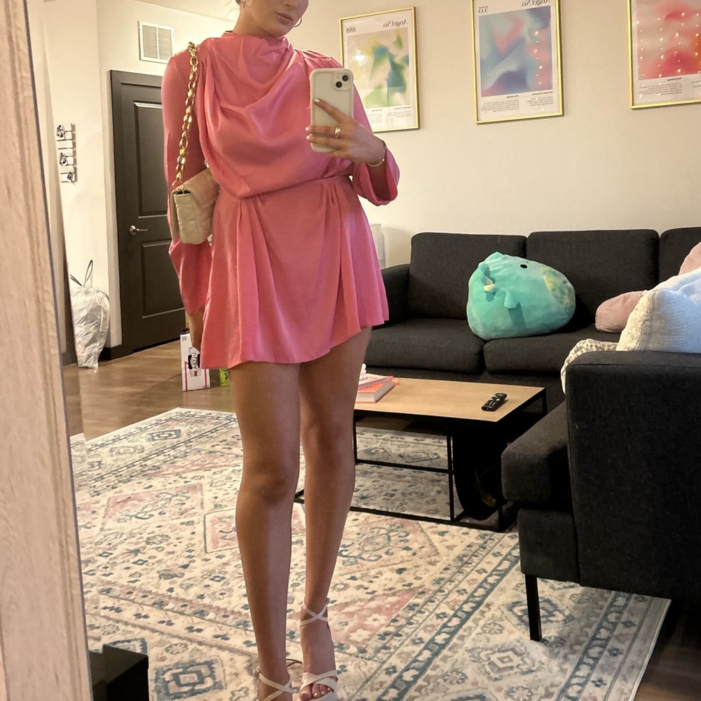 Satin drape neck mini dress with open back